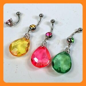 Vintage 90s Belly Button Ring Set 316L Surgical Steel 14G Crystal Teardrop Pink